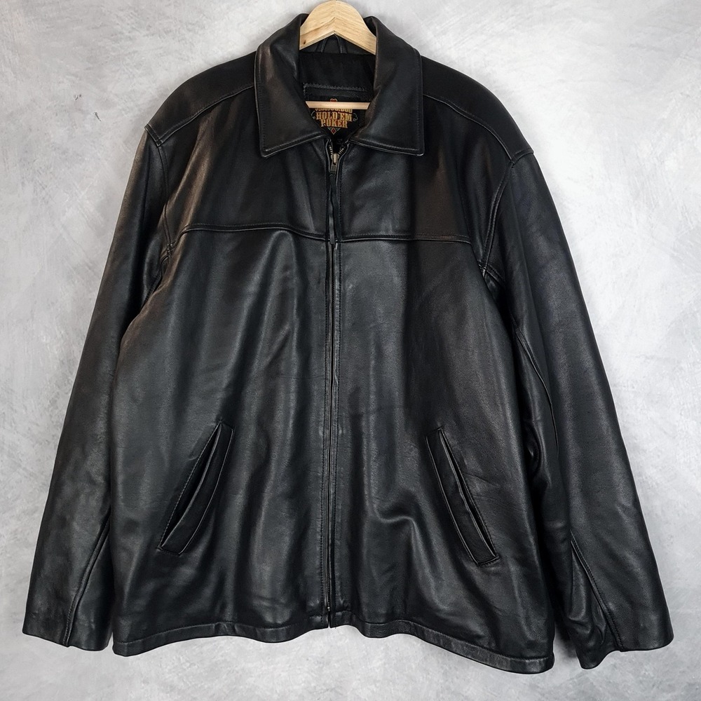 Hold'em Poker Jacket Mens 2XL Black Leather Full Zip Insulated Lined Motorcycle